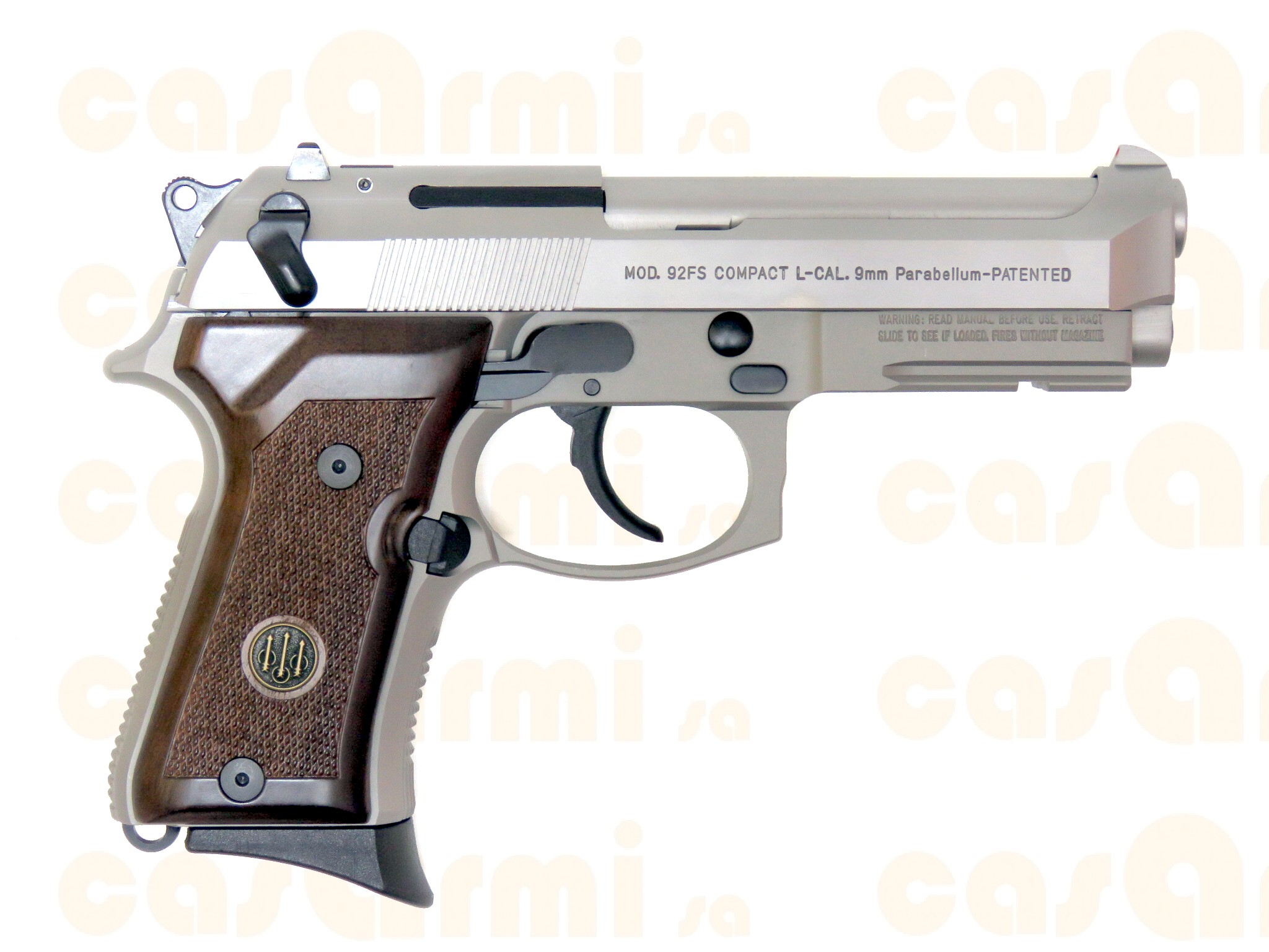 Beretta 92FS compact inox, con valigetta e fodero in cuoio, secondo caricatore, guancette sintetiche 9 Para